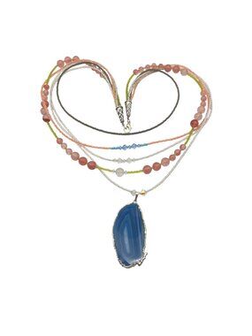 Blue Agate Slice Pendant Necklace Multistrand Beaded Boho Pink Green Glass Layer